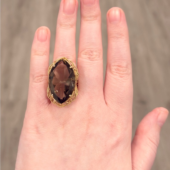 Vintage 10K Filigree Smoky Quartz Ring: Huge Marquis Bold Braided Gold Size 10.5 - Picture 9 of 11